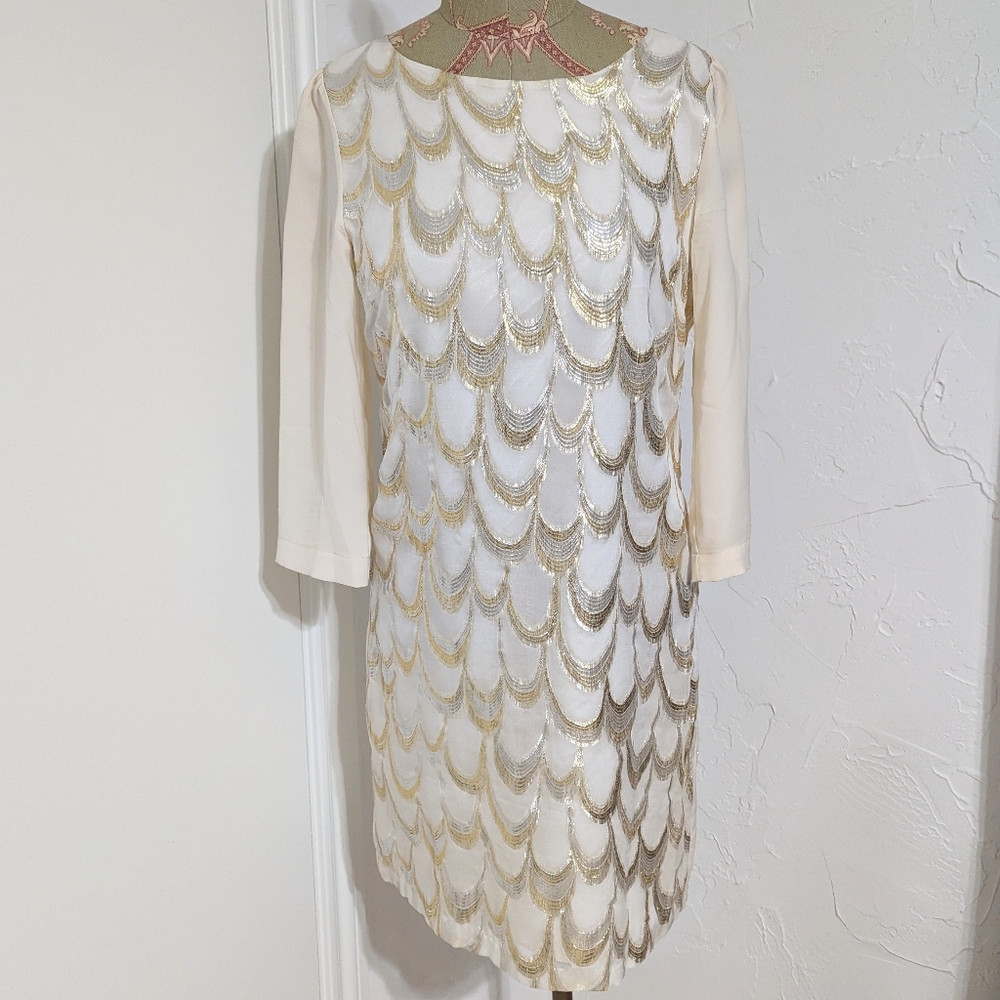 Skies are Blue Gold Silver white metallic NYE mini dress S